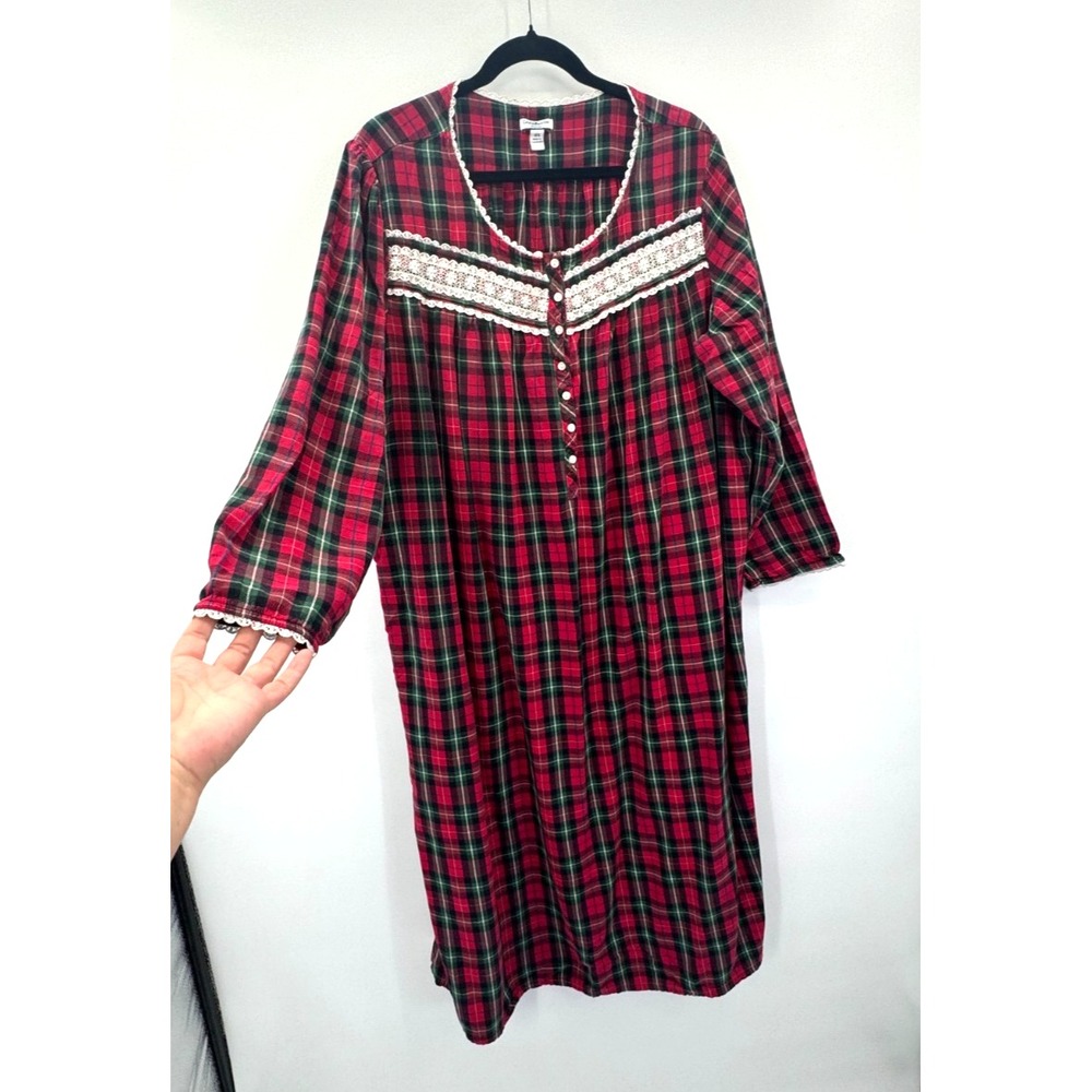 VTG Croft & Barrow Red Green Check Plaid Flannel Nightgown 3X Lace Trim Cotton